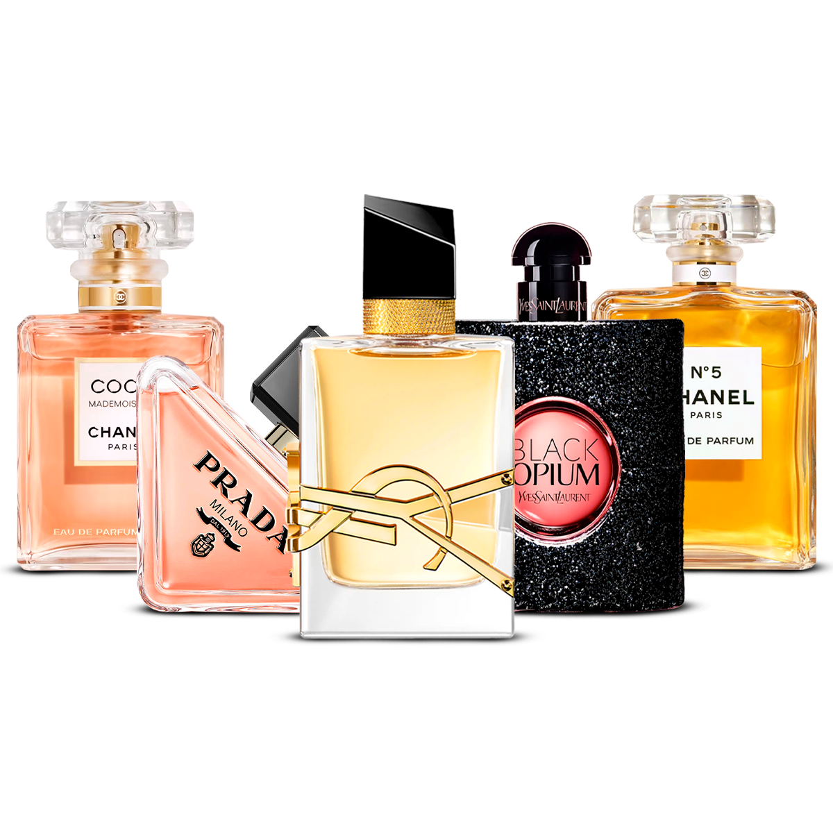 Set 5 Profumi – Coco Mademoiselle, Prada Paradoxe, Libre, Black Opium i Chanel N°5 [100 ml ciascuno]