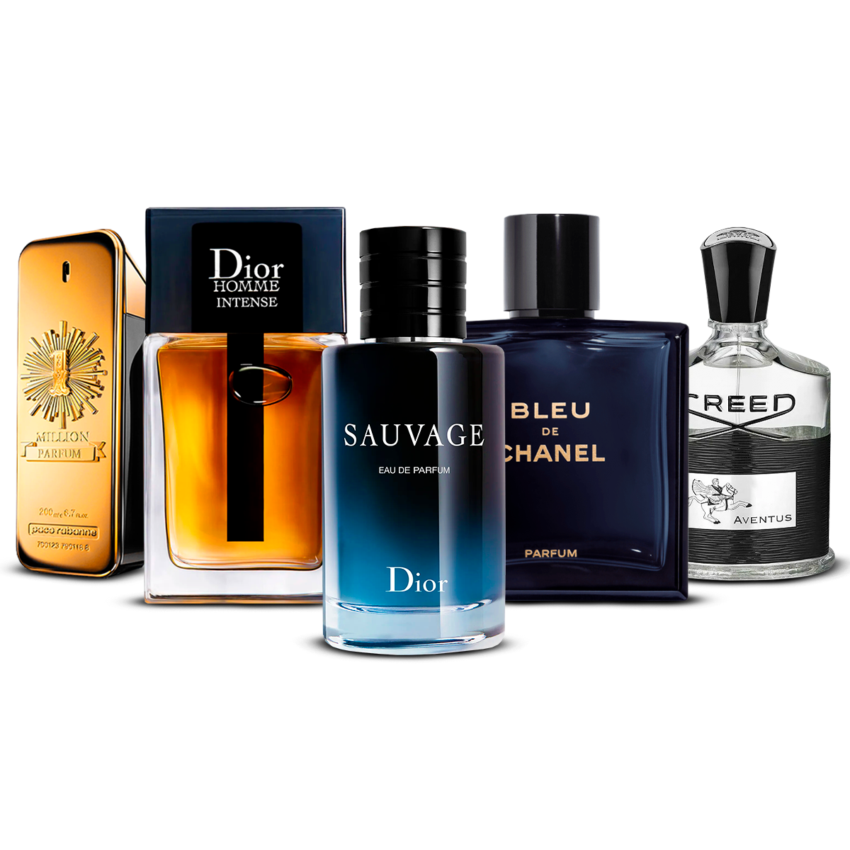 Set 5 Profumi  –  1 Million, Dior Homme Intense, Sauvage, Bleu de Chanel i Creed Aventus  [100 ml ciascuno]