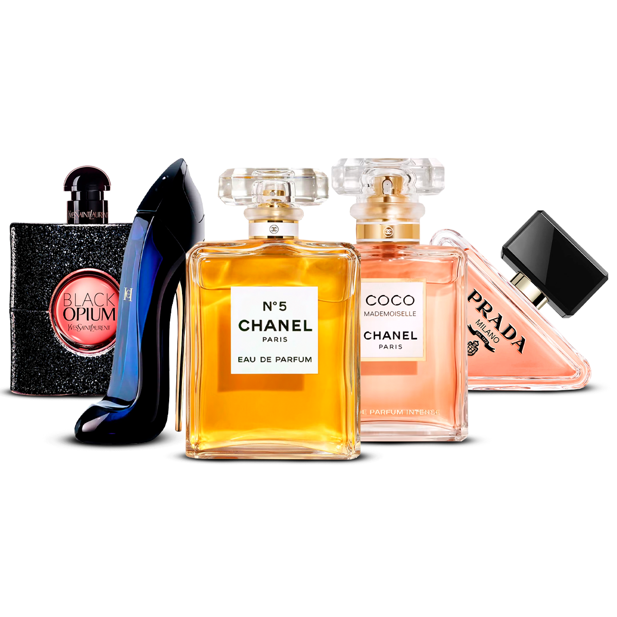Set 5 Profumi – Black Opium, Good Girl, Chanel N°5, Coco Mademoiselle e Prada Paradoxe [100 ml ciascuno]